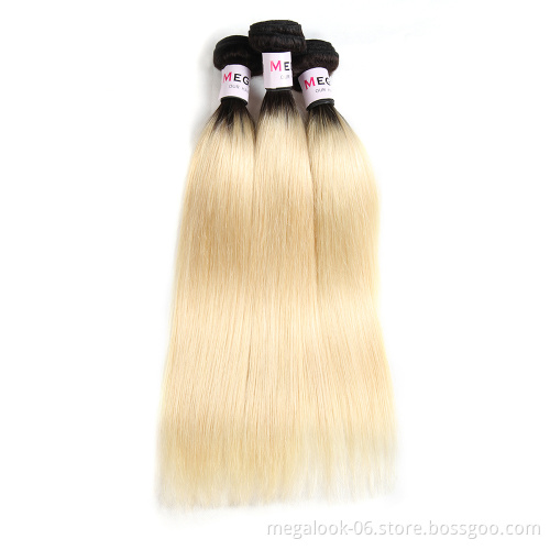 Cuticle Aligned Raw Virgin Straight Ombre 1B 613 Blonde Human Hair Bundles With Frontal